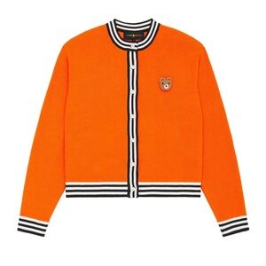 Teddy Fresh Orange Button Up Bear Cardigan with Striped Trim